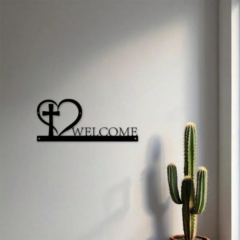 1PC Cross Heart Metal Wall Art Black Iron Religious Sign Faith Home Decor