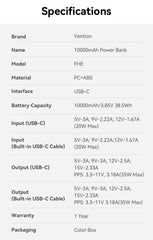 Vention 35W Mini Power Bank PD Fast Charge 10000mAh Portable PowerBank for iPhone 17 16 Pro Samsung S25 External Battery Charger
