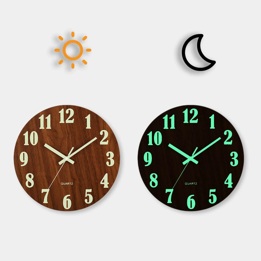 12 Inch Luminous Wall Clock Wood Silent light in dark night Nordic Fashion Wall Clock Non Ticking Clock With Night Light Home Decor