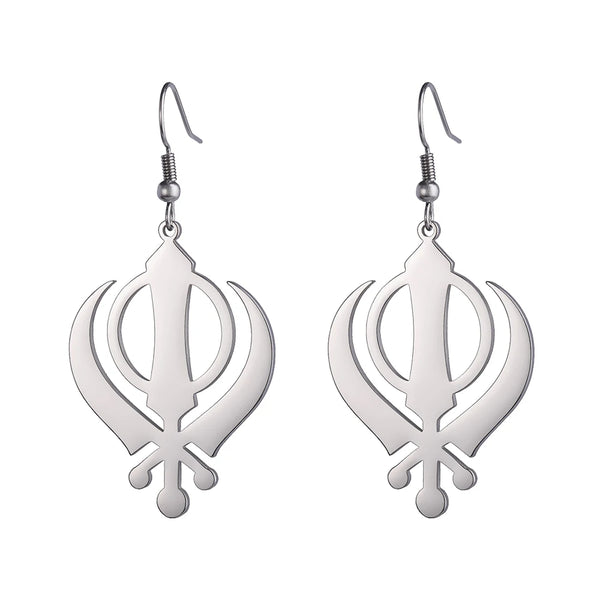 Dawapara Sikh Religious Symbol Earrings Shield Sikhism Punjabi Khanda Pendant Dangle Earrings Stainless Steel Jewelry