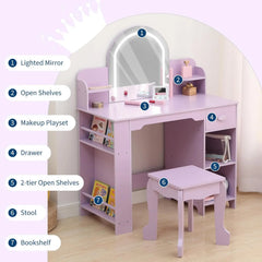 Lighted Princess Vanity Table with Stool Kids Makeup Desk Set Featuring , Drawer & Storage Shelves Girls Room Decor Dressing Table Bedroom Furniture