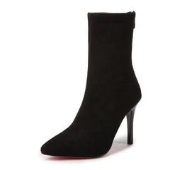 Autumn Winter New High Heel Velvet Short Boots Pointed Toe Solid Color Thin Heel Suede Versatile Sock Boots Stretch Women Shoes
