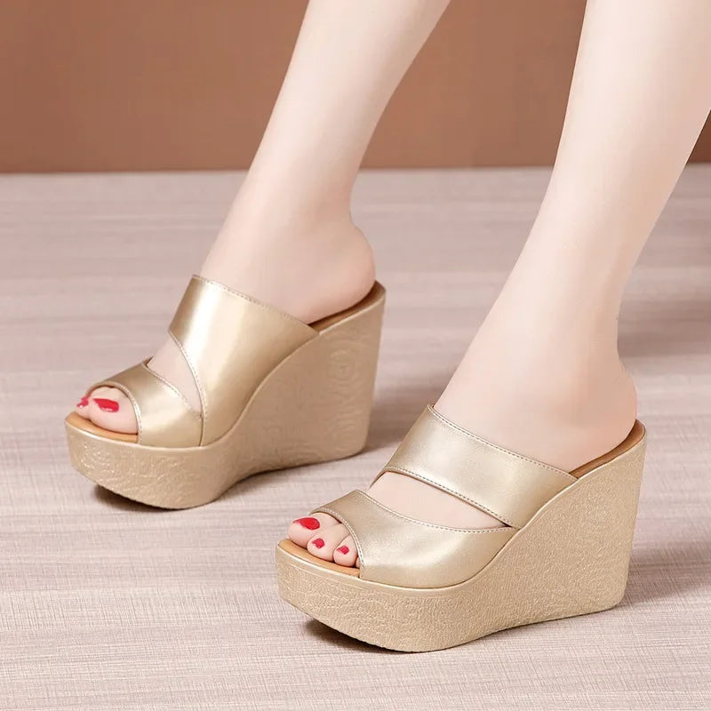 11cm Extreme High Heels Women Chunky Wedges Shoes for Wedding Office Model 2025 Summer Platform Slides Small Size 32-43