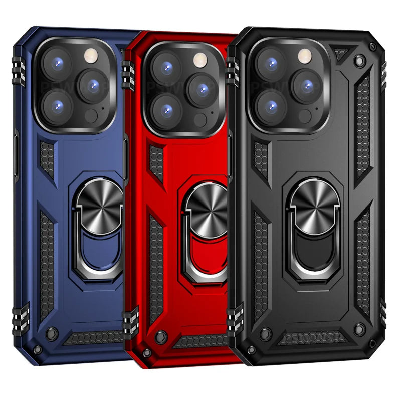 Shockproof Armor Bumper Case For iPhone 15 16 14 13 12 11 Pro MAX Plus XR XS Max X 7 8 Finger Holder Magnetic Metal Ring Cover