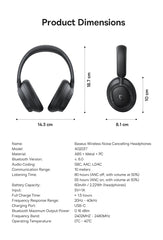 Baseus Bass EH10 NC Wireless Headphones Bluetooth 6.0 Noise Canceling 45dB Over Ear HeadsetSpatial Audio Earphone 80H Time