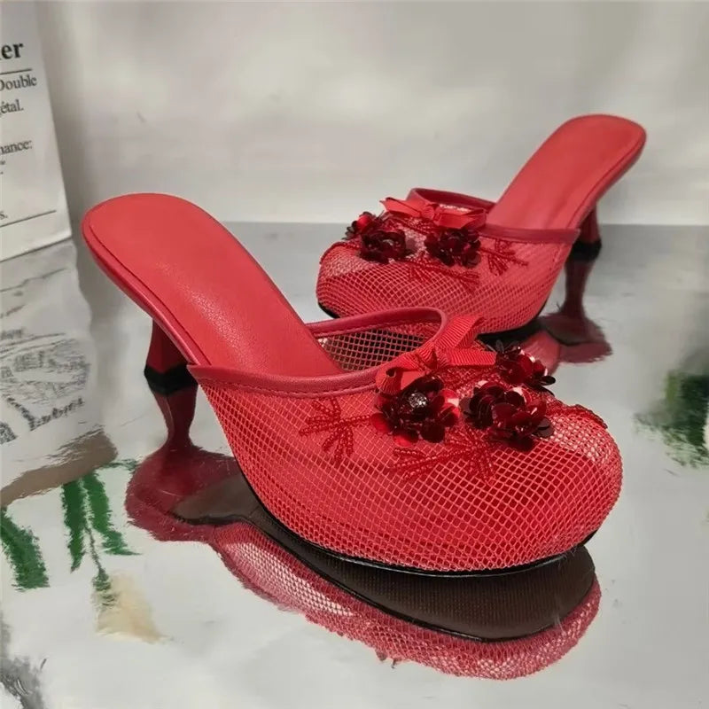 Fashion Women Summer Wedges Mesh Shoes For Woman's Flower Round Toe Slip-On Hollow High Heeled sandals Mujer Party Wedding Pumps
