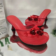 Fashion Women Summer Wedges Mesh Shoes For Woman's Flower Round Toe Slip-On Hollow High Heeled sandals Mujer Party Wedding Pumps