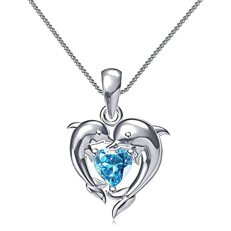 Huitan Couple Dolphin with Blue Heart CZ Necklace Chic Bride Wedding Clavicle Chain Necklaces Fancy Gift Statement Jewelry