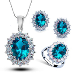 925 Sterling Silver Plated Princess Oval Zircon Jewelry Set – Necklace, Earrings & Ring