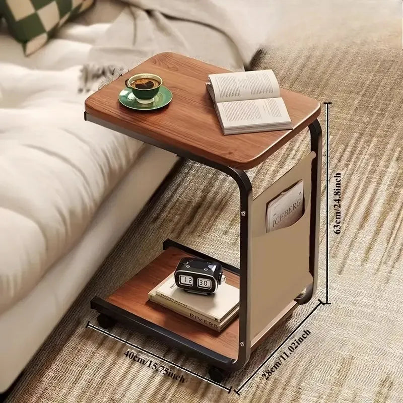 1pc Brown Rolling Side Table with Storage Bag - Solid Wood Table, C-Shaped Desk for Sofa and Bedside, Metal Frame Bedroom Furniture