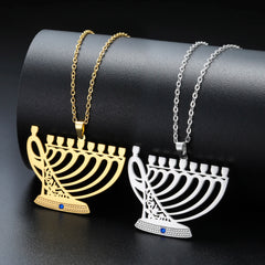  Dreamtimes Vintage Metal Candlestick Pendant Necklace for Women Men Judaism Menorah Trinket Jewelry Jerusalem Religion Gifts