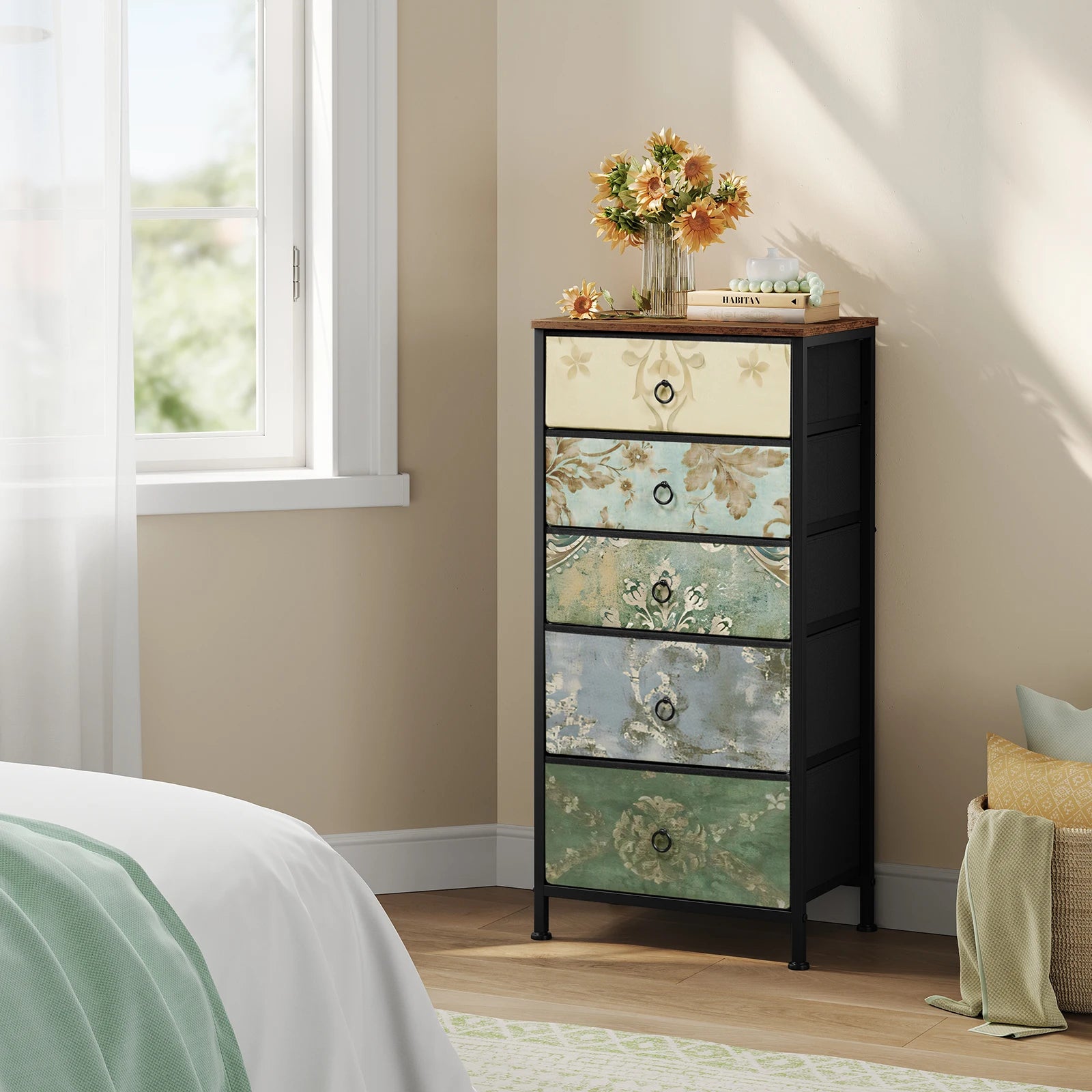 WOLTU Fabric Chest of Drawers with 5 Drawers Storage Organizer Sideboard Vintage Narrow Drawer Cabinet for  Kitchen Hallway Home Bedroom Furniture