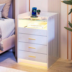 Wooden Bedside Table Charging Station Nightstands Light Strip for Sofa Side Bedroom Living Room UK Plug Home Bedroom Furniture