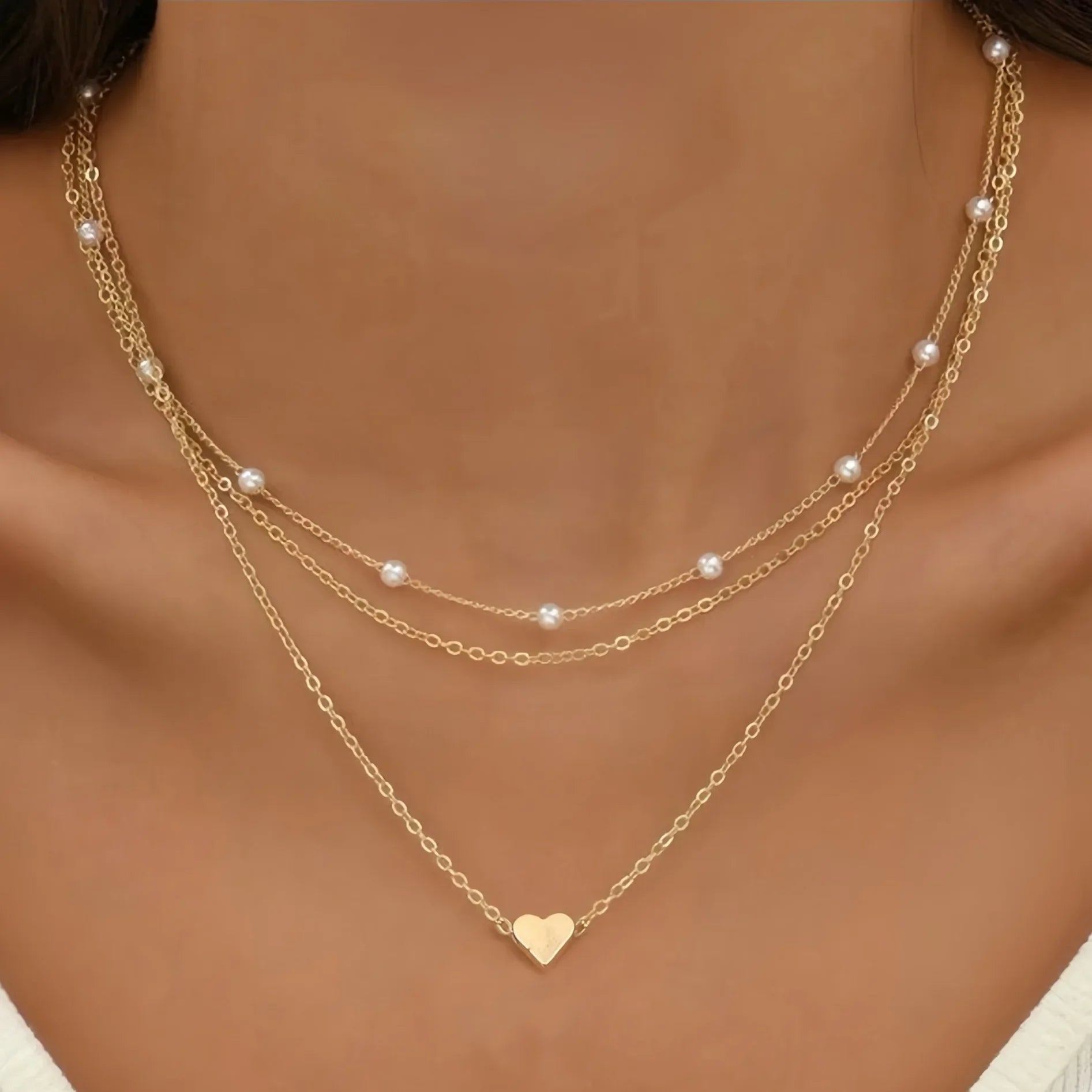 LATS Multilayer Pearl Cross Love Heart Pendant NecklaceGold Color Fashion Neck Chain Trend Jewelry