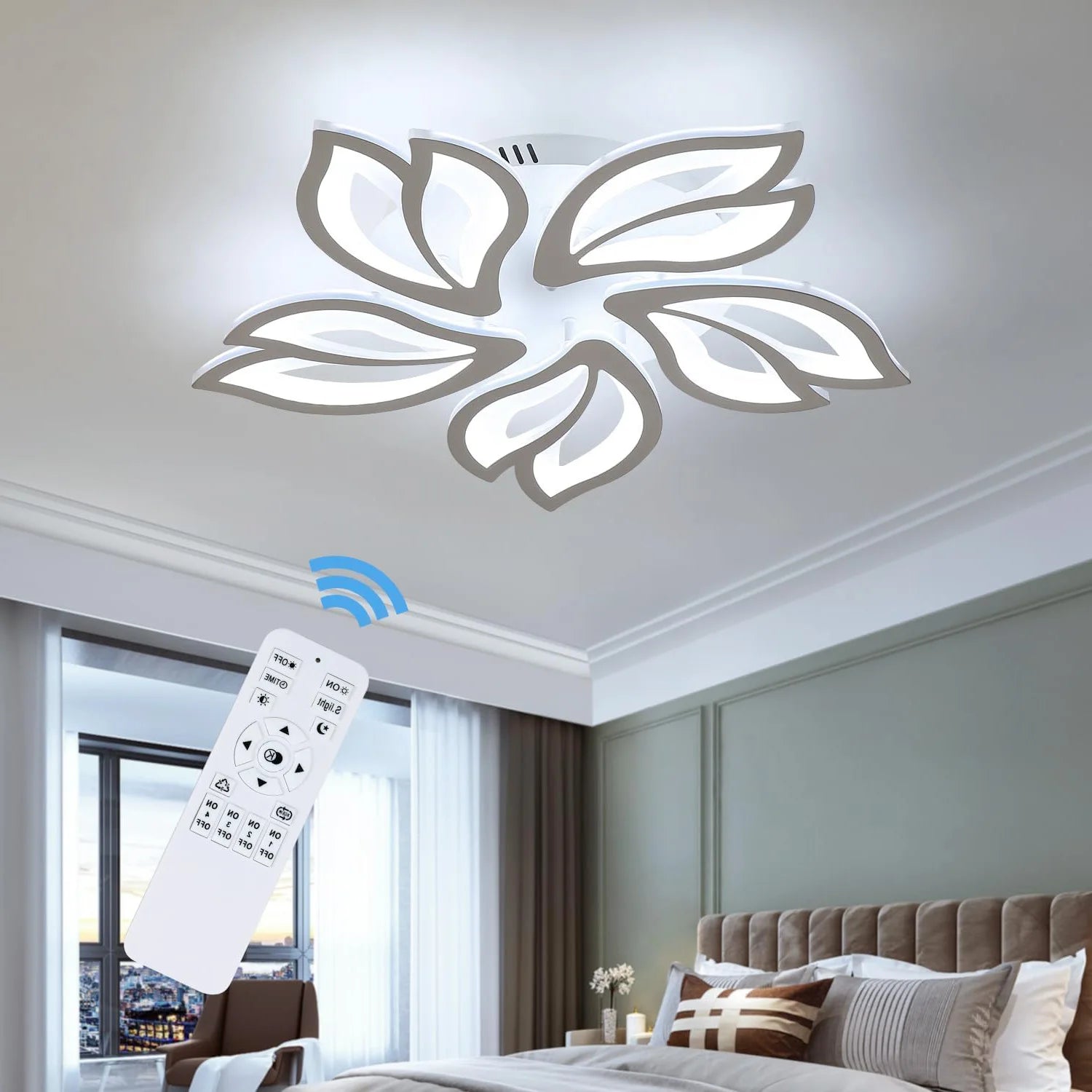 LED Ceiling Lamp, 45W Modern LED Ceiling Light Dimmable with Remote Control, White 5 Petal Heads Acrylic Ceiling Lamp