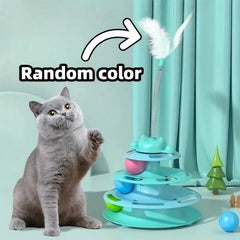 4-Layers Feather Cat Turntable with Fun Toy Ball and Playing Stick Interactive Cat Toy Tower Kitten Turntable Track Roller Balls Pet Shop