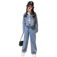 Spring and Autumn New Girls Autumn Clothing Denim Fashionable Korean Style Fried Street Wide-Leg Pants Two-Piece Set