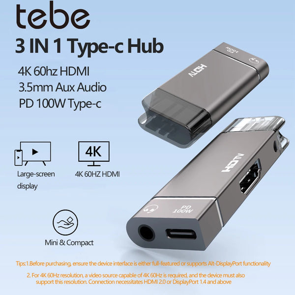 Tebe USB C to 4K 60hz HDMI-adapter Converter 3 IN 1 Type-c Hub with 3.5MM Aux PD 100W Fast Charging For Mac iPad Phone Laptop