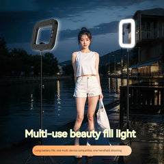 Rechargeable Handheld Ring Light with Adjustable Tripod Stand & Phone Holder. 3 Color Modes (Warm/Cool/Natural) & 10 Brightness