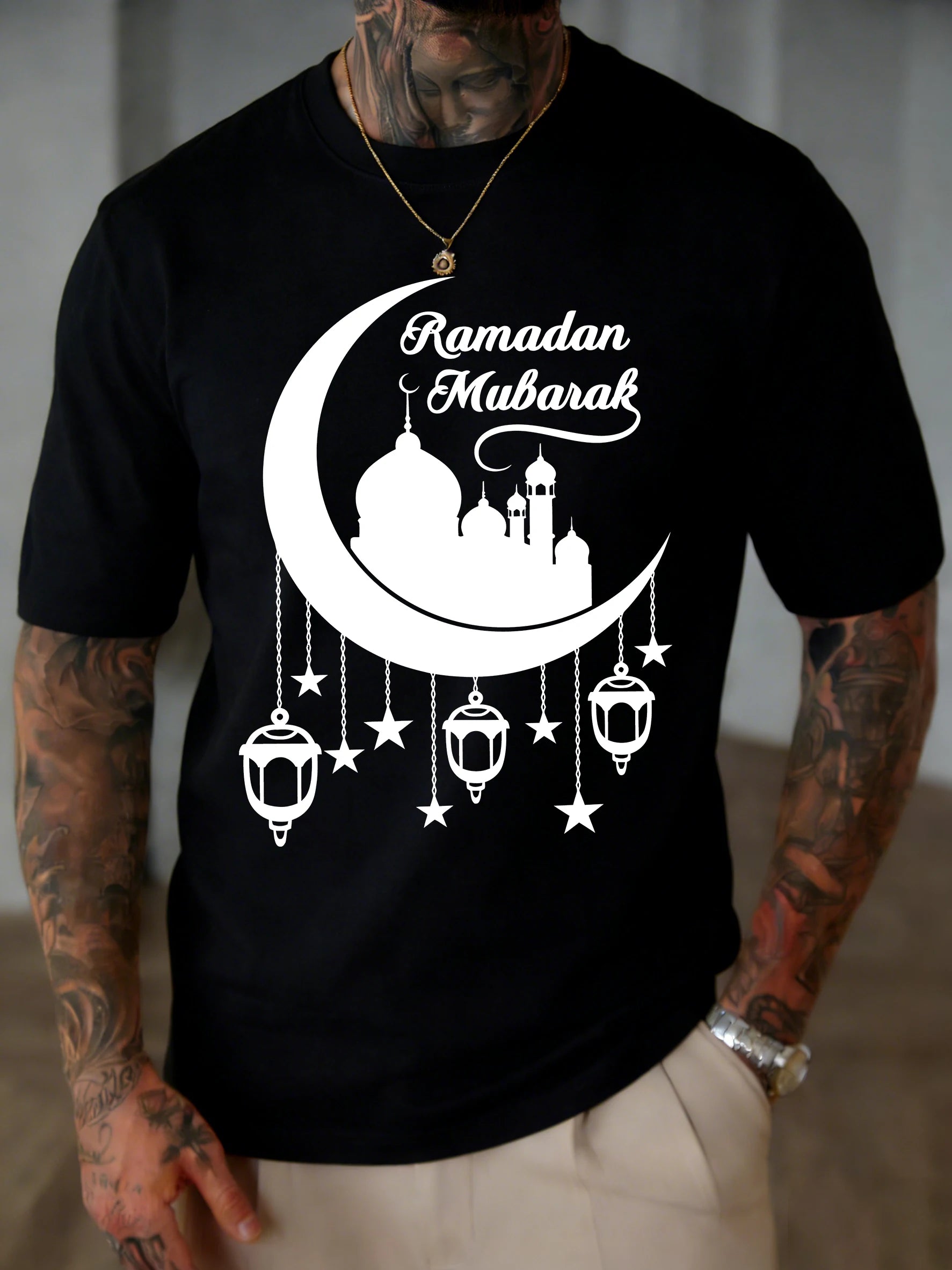 Islamic Ramadan Mubarak Moon Print Mens T Shirt Cotton Loose T-Shirts Summer New Fashion Clothes Male Casual All-Match Sportswear