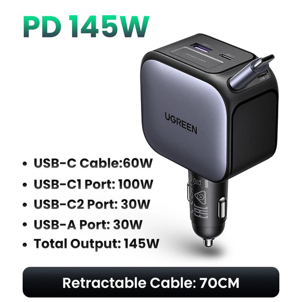 UGREEN 145W 90W 60W Car Charger 3 USB-C & 1 USB-A Ports PD QC4.0 Fast Charging with Retractable Cable for iPhone 17 16 MacBook