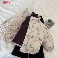 Winter Toddler Girl Parkas Cotton Padded Floral Print Long Sleeve Baby Girls Outerwear Coat Loose Thicken Warm Kid Girl Snowsuit