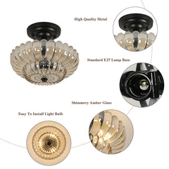 3-Light Modern Ceiling Mount Light with Scalloped Amber Glass Shade Semi Flush Mount Ceiling Lighting （Bulb not included）