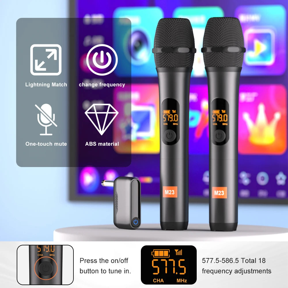 Wireless Microphone M23 UHF 2 Channel Karaoke System With Rechargeable Receiver Cordless Handheld Mic For Church Party Speaker