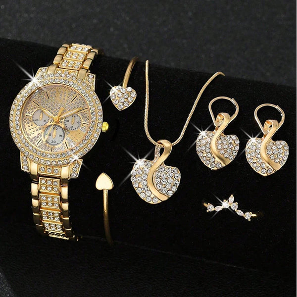 Women’s Gold Quartz Watch & Rhinestone Jewelry Set – Luxury Casual