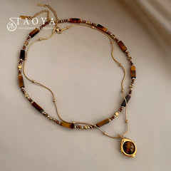 Retro Temperament Layered Tiger Eye Stone Pendant Necklace Stainless steel Double-Layer Chain Sets Jewelry
