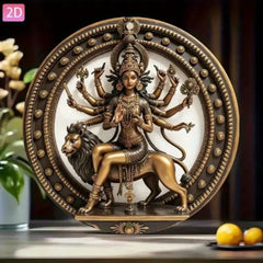Hindu Goddess Durga Vintage Aluminum Wall Art Plaque - Golden & Black Lion Mount Indian Deity Home Decor