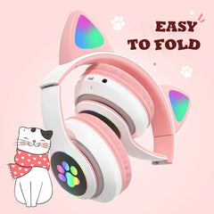 Flash Lamp Cute Cat Ears Headphone Bluetooth5.0 Stereo With Mic Support TF Card Wireless Kids Girl Earphone Birthday Gift