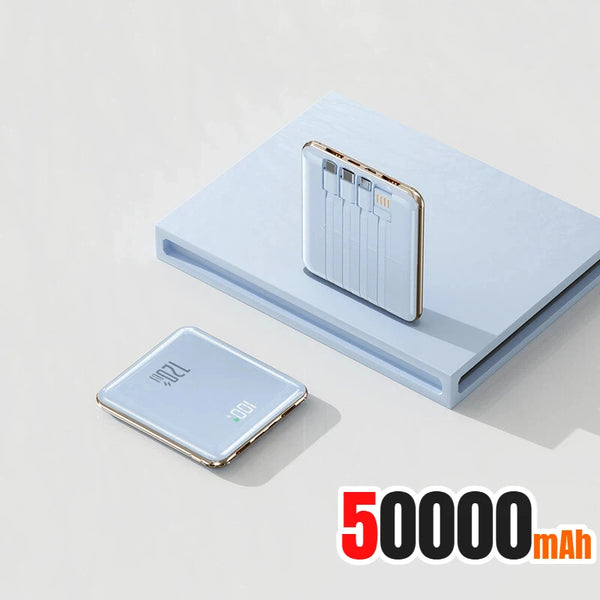 New 500000mAh Mini Power Bank Built-in 4 Cables Large Capacity Super Fast Charging External Battery for IPhone Samsung