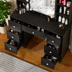 Teousev Black Dressing Table Wood Makeup Desk with 3-Colour Adjustment LED Mirror and 7 Drawers Dressers For Bedroom Furniture