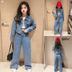 Spring and Autumn New Girls Autumn Clothing Denim Fashionable Korean Style Fried Street Wide-Leg Pants Two-Piece Set