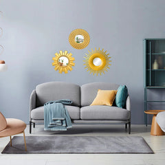 3PCS Golden Frame Decorative Mirror Sun Shaped Hanging Mirrors Wall Decor Living Room Background Mirror Home Decorations