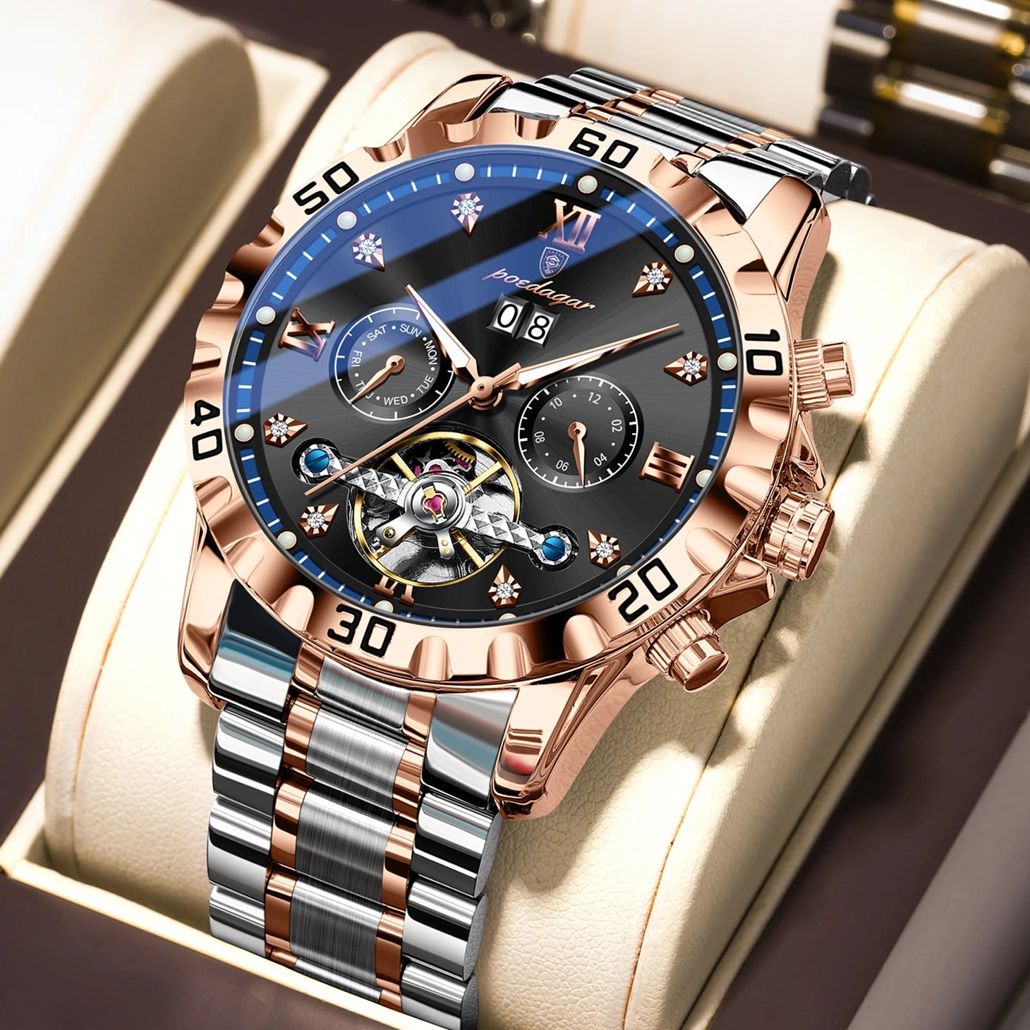 POEDAGAR Top Luxury Men Watch Automatic Date Week Man Wristwatch Hollow Tourbillon Mechanical Stainless Steel Men's Watches Male