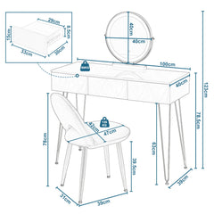 1SET Dressing Table with 360° Rotating Mirror Velvet Chair LED Light in 3 Light Colours Vanity Makeup Desk Cosmetic Table Bedroom Furniture