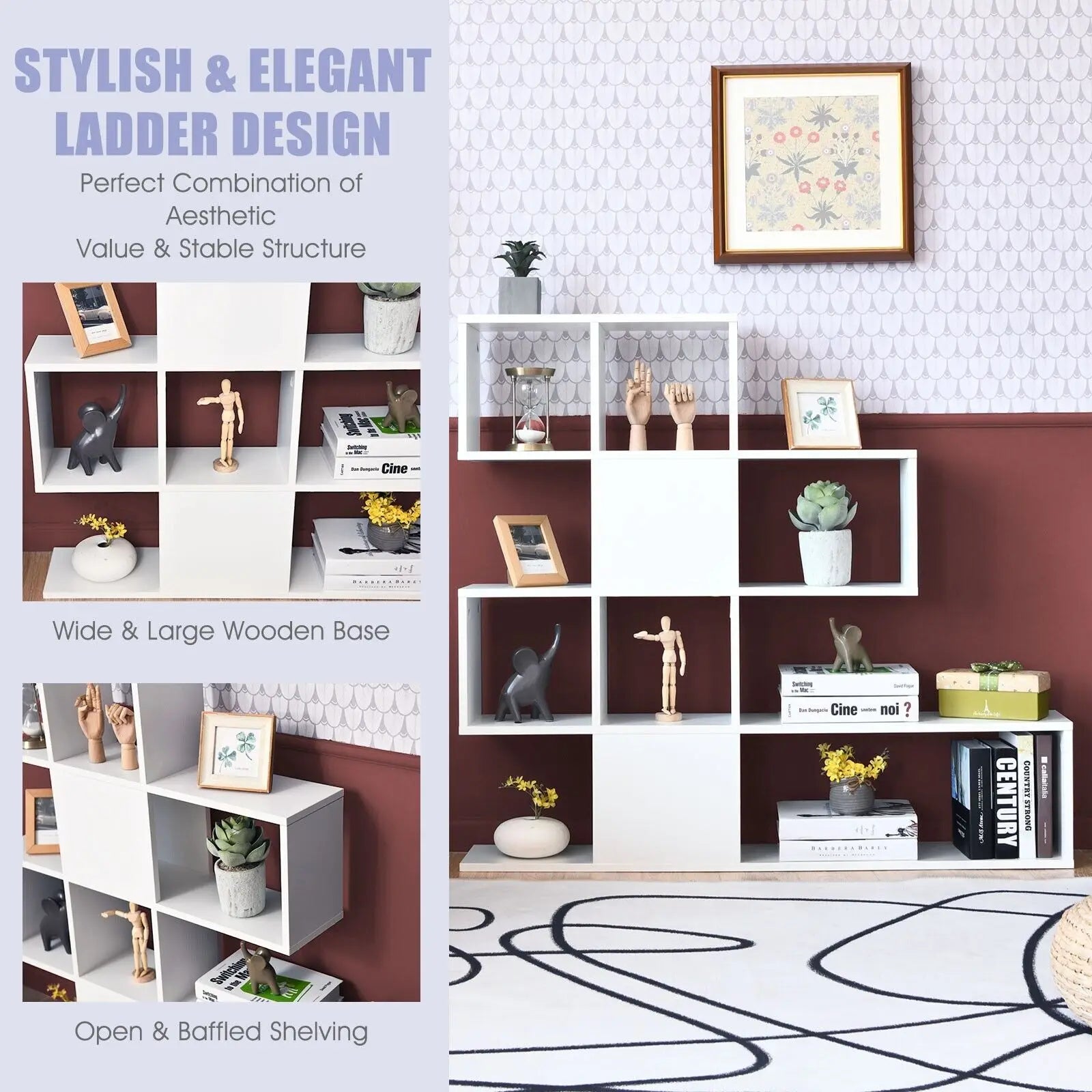 GOFLAME 5-Tier Bookshelf, Modern Ladder Style Room Divider, Free Standing Wooden Display Shelf for Books Office Furniture