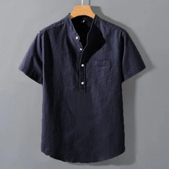 Mens Short Sleeve T Shirts Solid color Stand Up Shirt Summer Trendy Breathable Loose Youth Basic Cotton Pocket Top