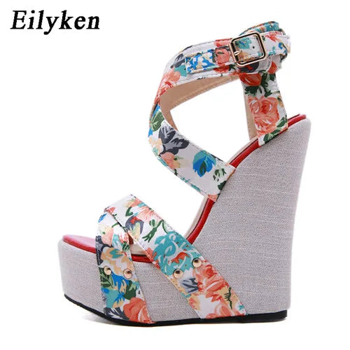 Eilyken Summer Fashion Peep Toe Solid Platform Wedges Sandals Women Designer Silk Print Flower Fabric High Heels Female Shoes