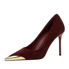 European American Banquet Women's Shoes High Heels Thin Heels  Suede Shallow Mouth Metal Pointed Toe Iron Toe Slim Single Shoes