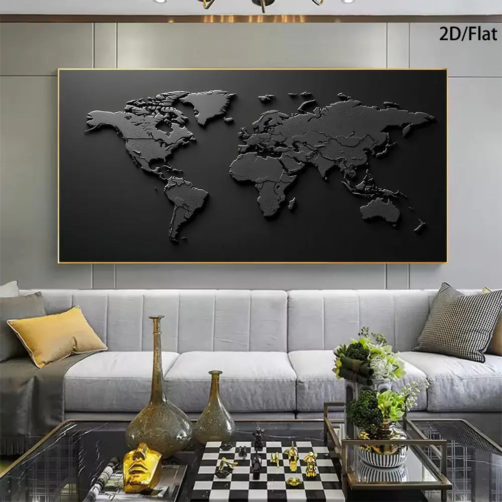 1 Modern Abstract Relief World Map Mural - Black and White Printed Canvas Poster for Living Room and Bedroom Decoration, 2D Flat