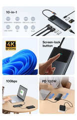 Baseus USB C HUB Dual HDMI 8K 4K Adapter 10-in-1 USB 3.2 10Gbps Splitter with RJ45 SD TF Type C PD 100W for MacBook Pro Air HUB