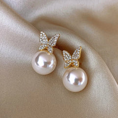 14K Gold Zircon Pearl Twist Stud Earrings for Women