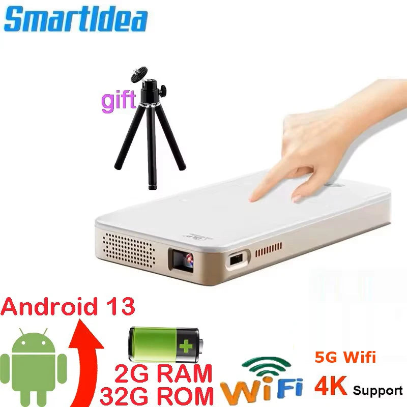 Smartldea Newest Arrive HD Mini Smart DLP 4K Projector Android 13.0 5G WiFi BT Build-in Speaker Battery Pocket Phone Projectors