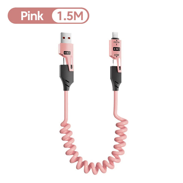 4 in 1 PD 27W 65W Fast Charging Spring Cable USB Type C To Type C And Lightning Data Cable Wire For iPhone 15 16 Samsung Xiaomi