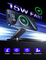 Magnetic 3 in 1 Fast Wireless Charger Stand Foldable Charging Station For iPhone 16 15 14 13 12 Apple Watch 9 8 7 6 Airpods Pro