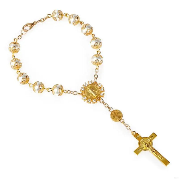 A52E One Decade Auto Rosary Beads Catholic Bracelet Saint Benedict Crucifix Divine Mercy Gift for Women Men