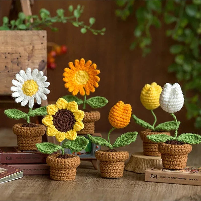 Crochet Knitting Flowers Potted Homemade Crochet Rose Tulip Daisy Office Desktop Ornaments Car Automotive Interior Decoration Home Decor, Plants & flowers